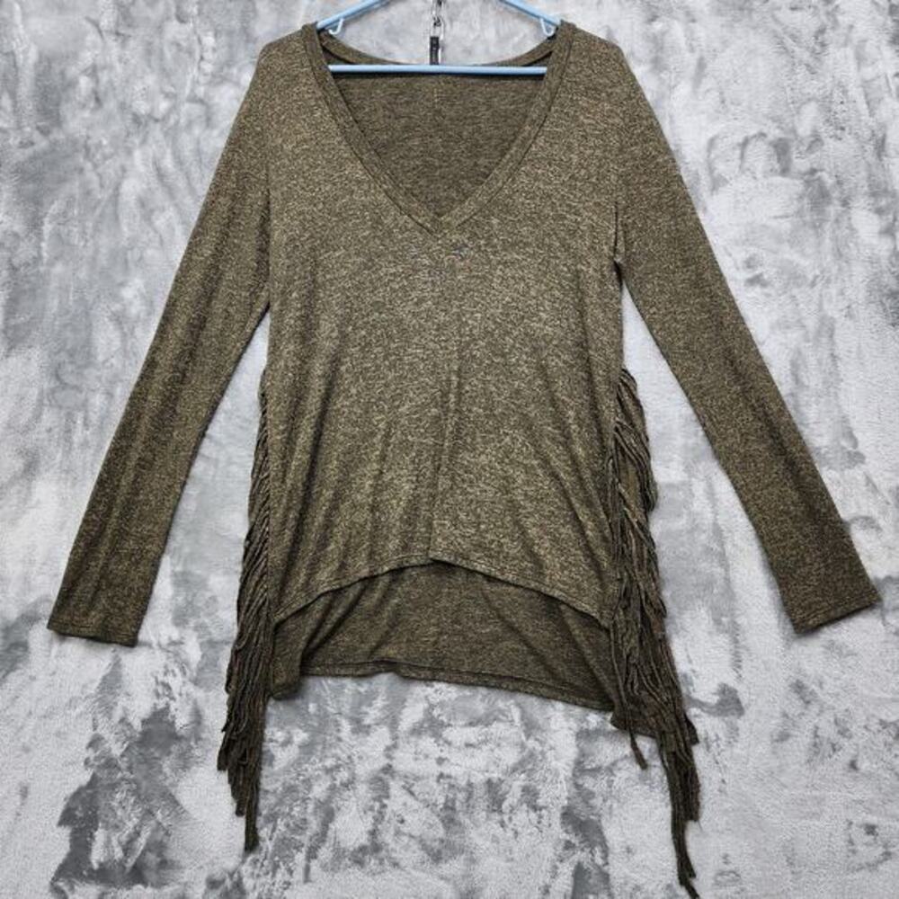 Riller‎ & Fount Sweater Womens 0/XS Brown Fringe Slit Tunic V-Neck Long Sleeves